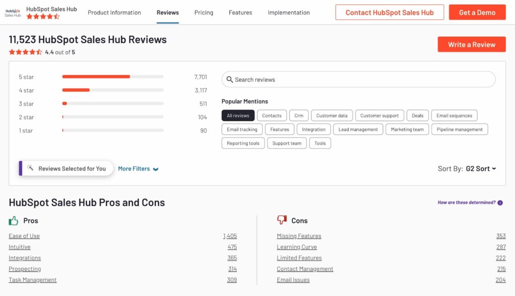 Hubspot client testimonials in G2