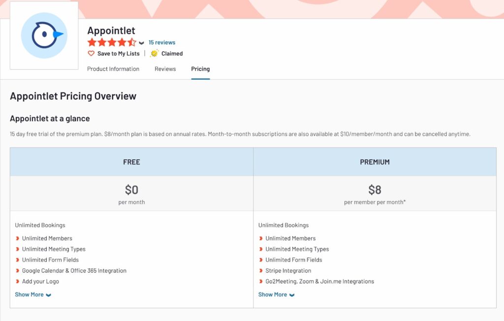 Pricing overview for Appointlet in G2