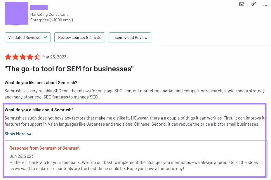 Response on the review in G2 by Semrush