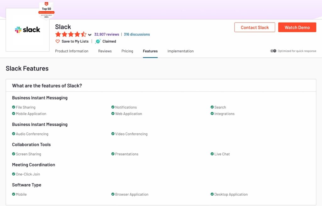Slack features overview in G2