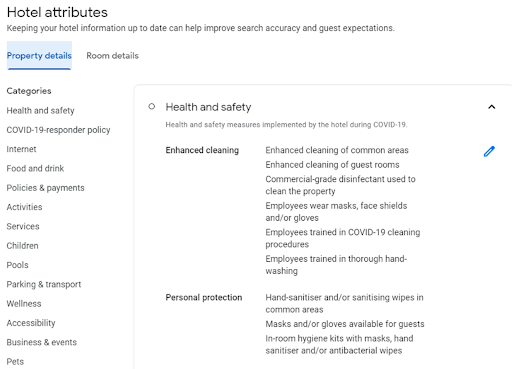 Hotel attributes settings in Google my business